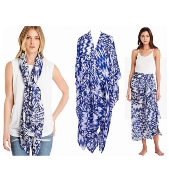 Michael Stars Convertible Ruana Kimono Scarf Wrap Sarong Blue One Size Geometric - Picture 1 of 8
